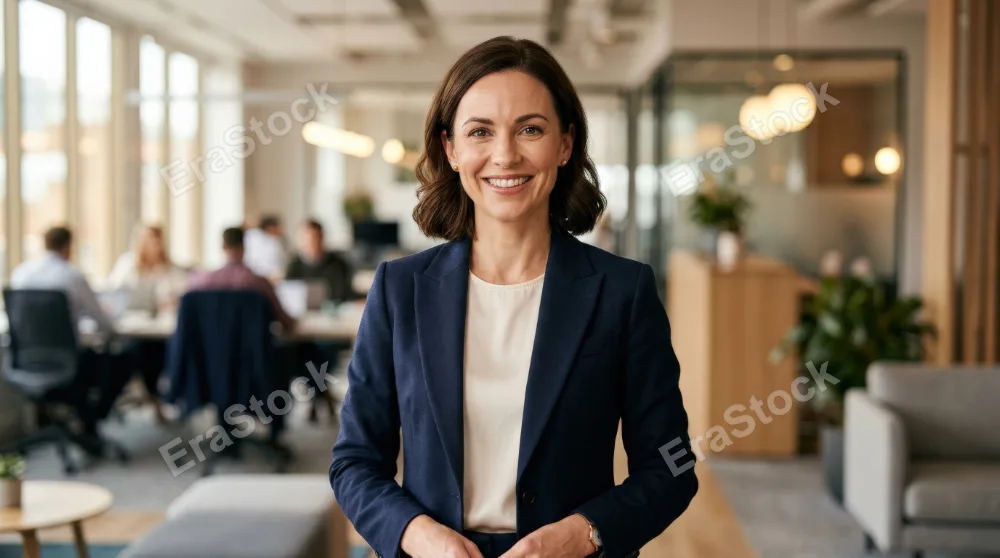 A portrait of a happy businesswoman smiling at the camera, confident gaze, neat professional clothing and subtle makeup, blurred office background with soft neutral colors, flattering natural light