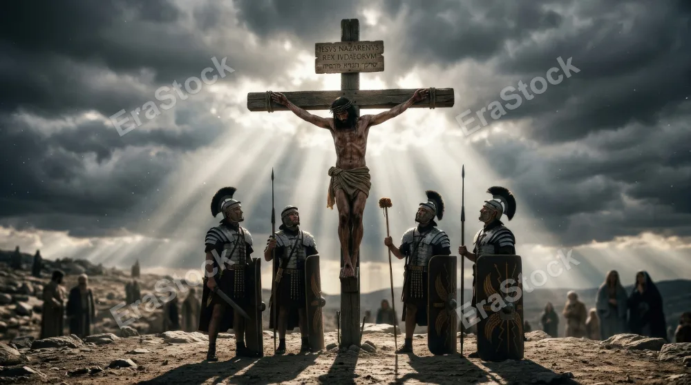 Roman soldiers standing before Jesus on the cross, harsh light breaking through dark clouds, spears and helmets silhouetted beneath the crucifixion, solemn historical reverence and sacred gravity,