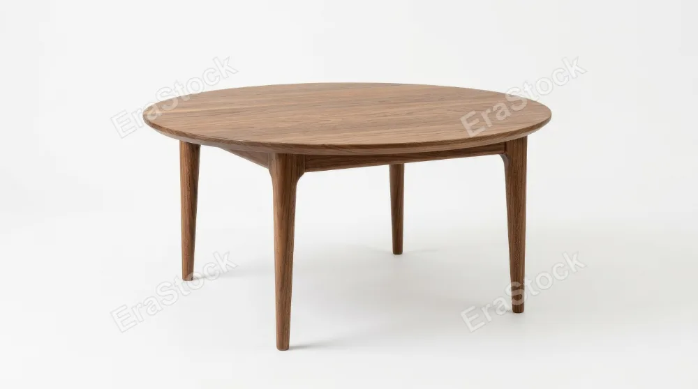 A round wooden coffee table with four tapered legs against a plain white background, elegant proportions, visible wood grain, clean product lighting, ultra-realistic, no logos.