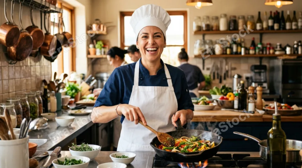 A joyful chef in a crisp hat and apron holding a frying pan and wooden spoon, bright kitchen-inspired setting with warm light, lively welcoming atmosphere, ultra-realistic, no logos.