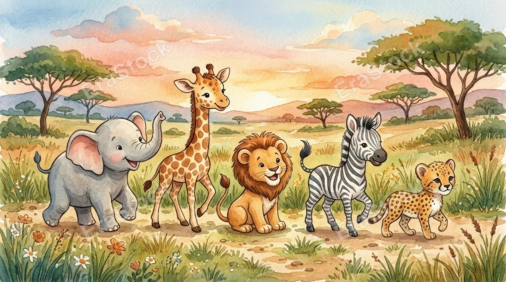 Cute safari animals in a watercolor hand-drawn style, African wildlife characters with soft textures and warm earthy tones, playful storybook atmosphere, ultra-realistic, no logos.