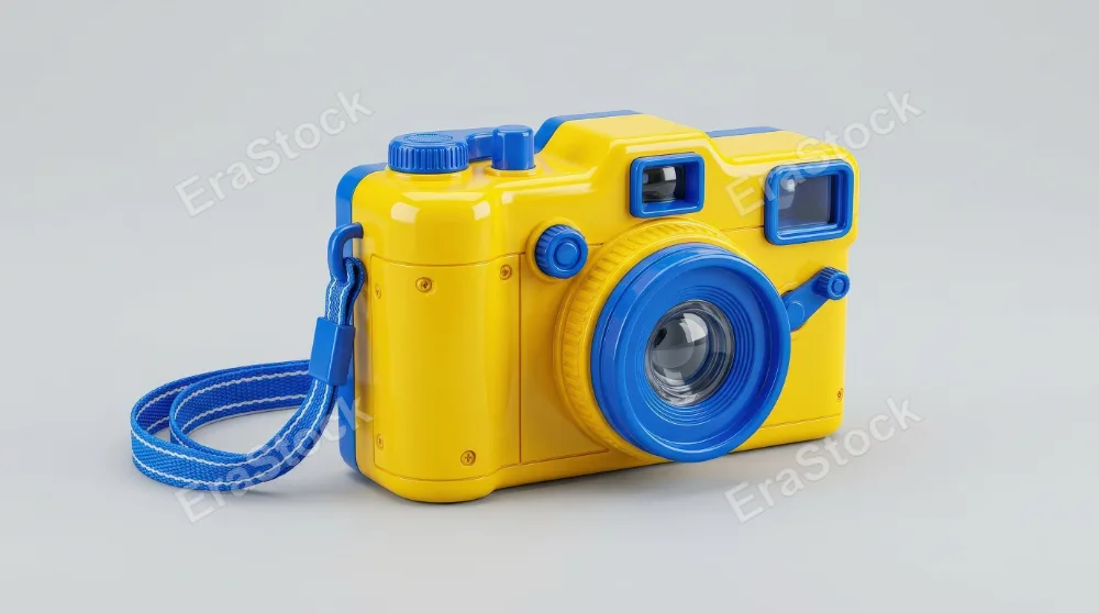 A bright yellow and blue toy camera on a plain background, glossy plastic details and playful color contrast, clean cheerful studio lighting, ultra-realistic, no logos.