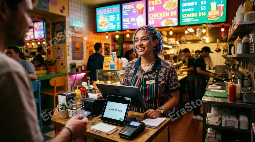 A colorful cashier standing inside a corner fast-food interior, bright menu lights, compact counter details and playful everyday service atmosphere, ultra-realistic, no logos.