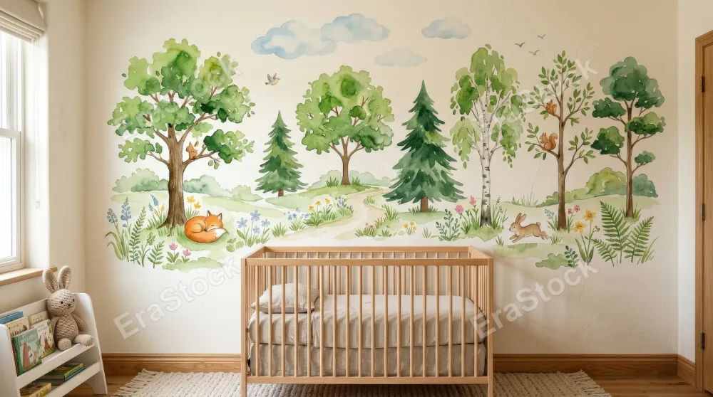 A watercolor set of green trees, charming hand-painted nature elements for a child room mural, soft playful landscape mood, ultra-realistic, no logos.
