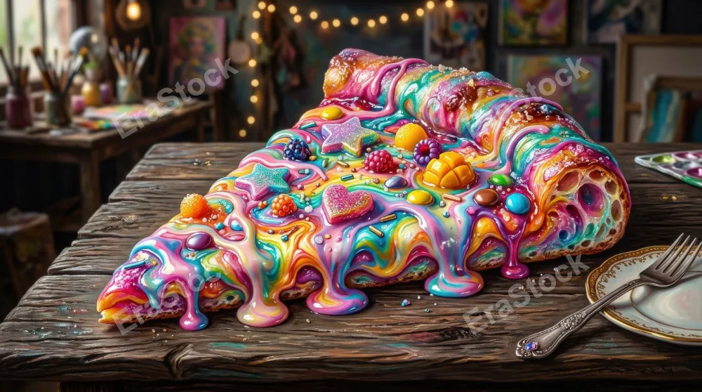 A surreal slice of pizza painted in glossy rainbow colors with creamy drizzle, whimsical textures and vibrant pop-art food fantasy, ultra-realistic, no logos.