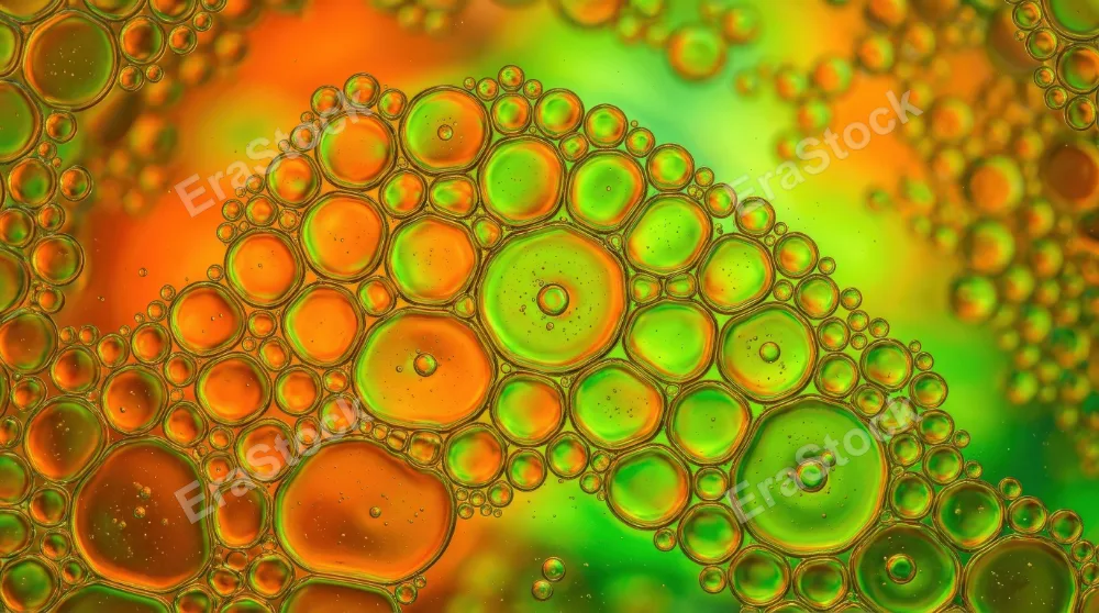 Macro oil bubbles forming vibrant orange and green cells, smooth gradients, soft lighting and bold abstract organic rhythm, ultra-realistic, no logos.