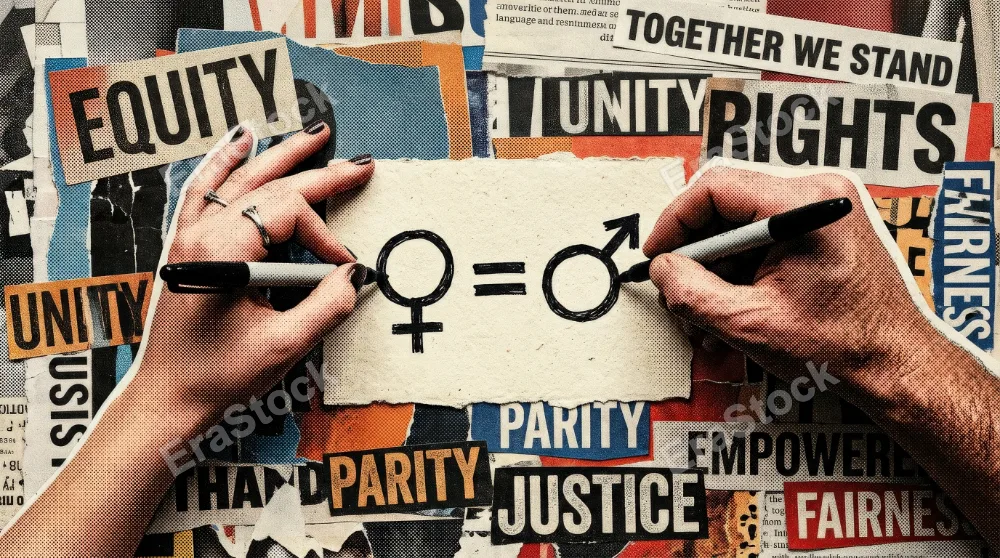 Female and male hands drawing an equal sign beside a gender symbol, halftone cutout collage style, theme of rights equity unity and parity in an empowering modern mood, ultra-realistic, no logos.