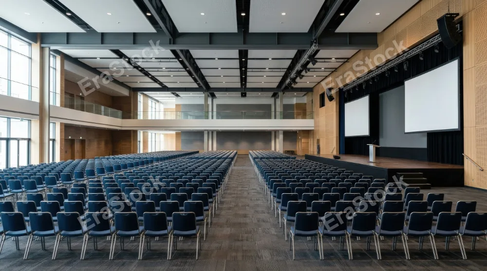 A large conference hall without people, spacious interior, rows of chairs, stage and projection area, clean modern architecture under balanced ambient light, ultra-realistic, no logos.
