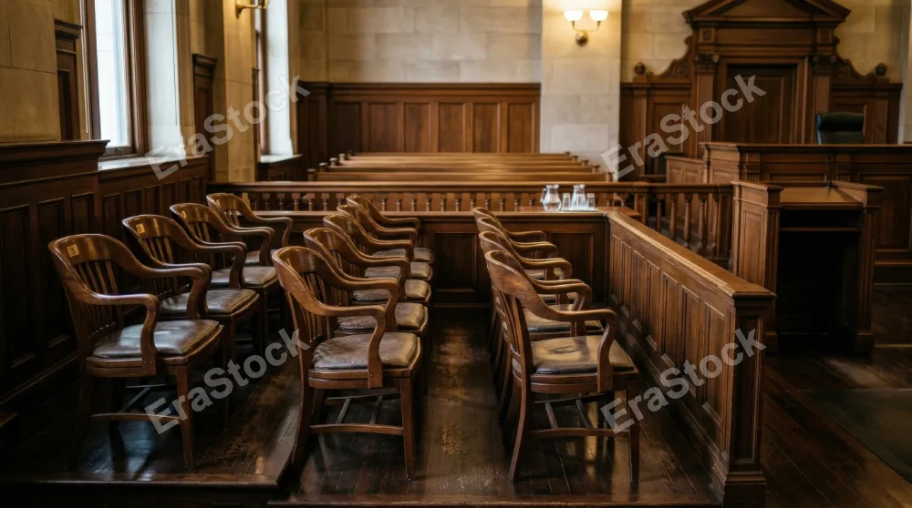 Empty chairs in a courtroom jury box, polished wood, balanced symmetry, warm institutional light, quiet tension in a formal justice setting, ultra-realistic, no logos.
