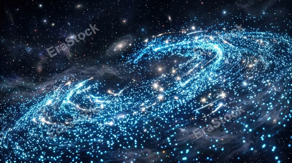 A field of blue glowing particles with sparkling energy lights and drifting cosmic dust, magical motion in deep space, ultra-realistic, no logos.