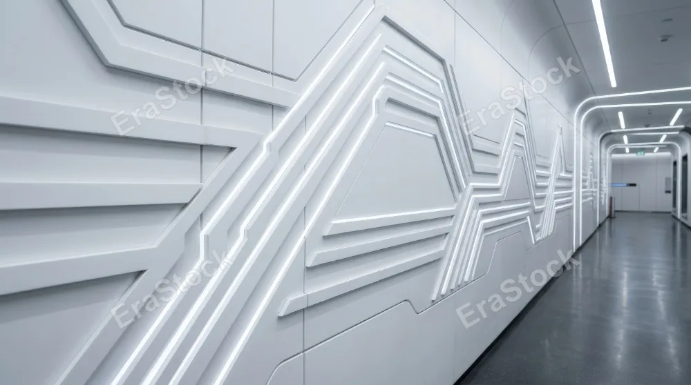 A futuristic white stripe pattern with subtle dimensional depth, crisp minimal design, clean sci-fi atmosphere, ultra-realistic, no logos.