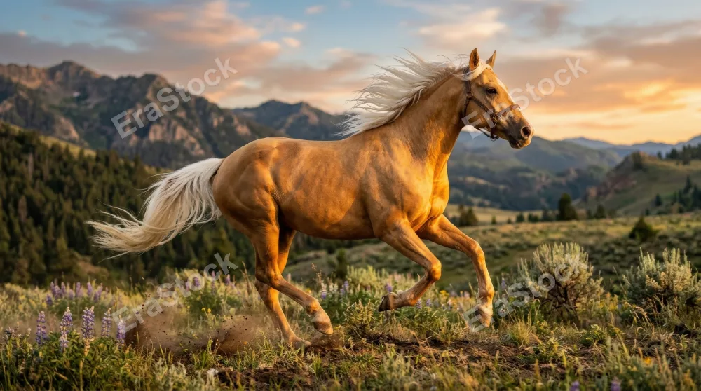 A majestic palomino horse in dynamic motion with flowing white mane and tail, golden coat glowing in light, powerful graceful atmosphere, ultra-realistic, no logos.