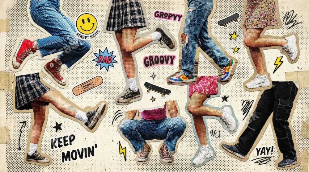 A halftone collage set of legs in jeans, skirts and sneakers, playful cutout poses, paper clipping edges, funny stickers and vintage dot texture, youthful street-style energy, ultra-realistic, no