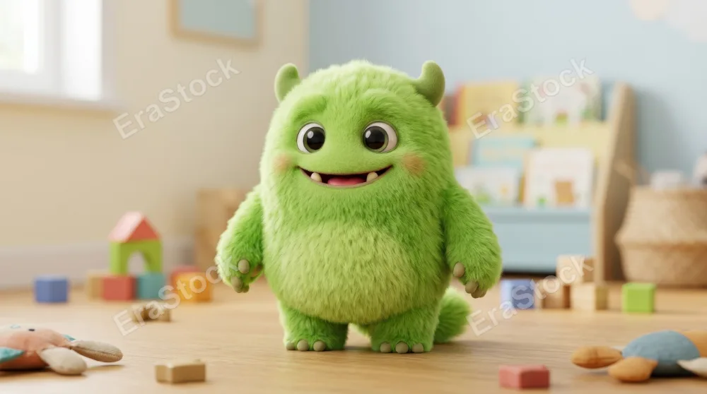 A cute lime-green furry monster with rounded body, soft plush texture and bright friendly expression, playful clean backdrop, ultra-realistic, no logos.