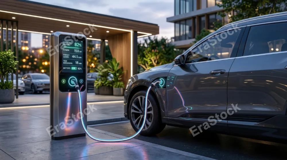 An electric vehicle charging scene with a glowing cable and digital display screen, polished charging station, sleek automotive surfaces, modern sustainable mood, ultra-realistic, no logos.