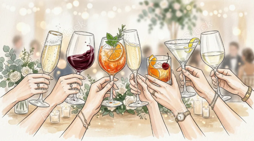 Hands holding wine glasses, champagne flutes, and cocktails in elegant drawn style, celebratory composition for wedding menus and party stationery, refined festive atmosphere, ultra-realistic, no