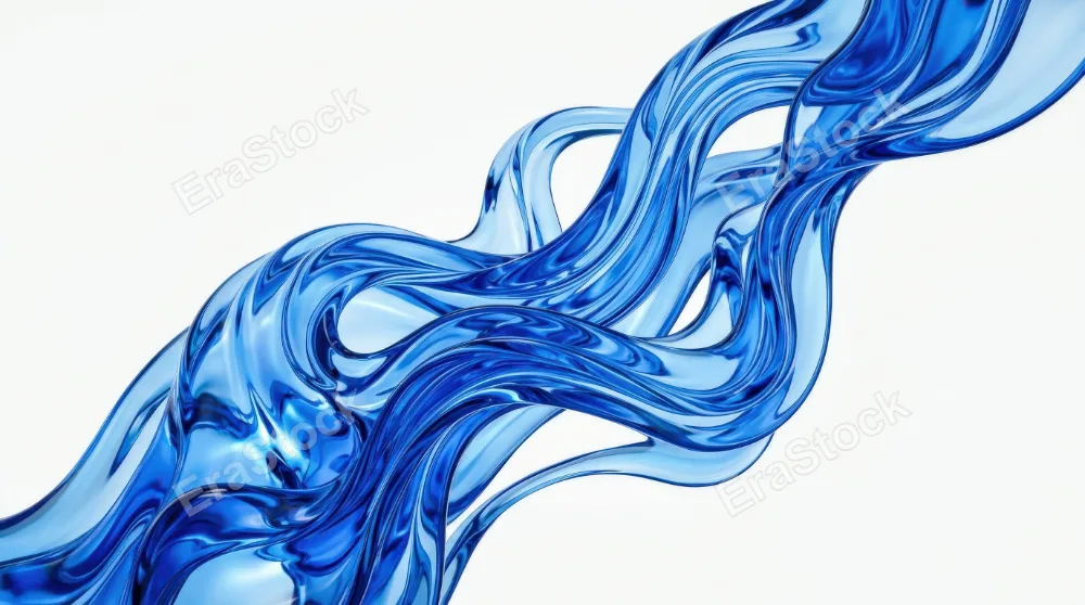 Abstract blue glass-like liquid forms isolated on white, flowing organic contours, luminous translucent texture, fresh futuristic mood with clean minimal space, ultra-realistic, no logos.