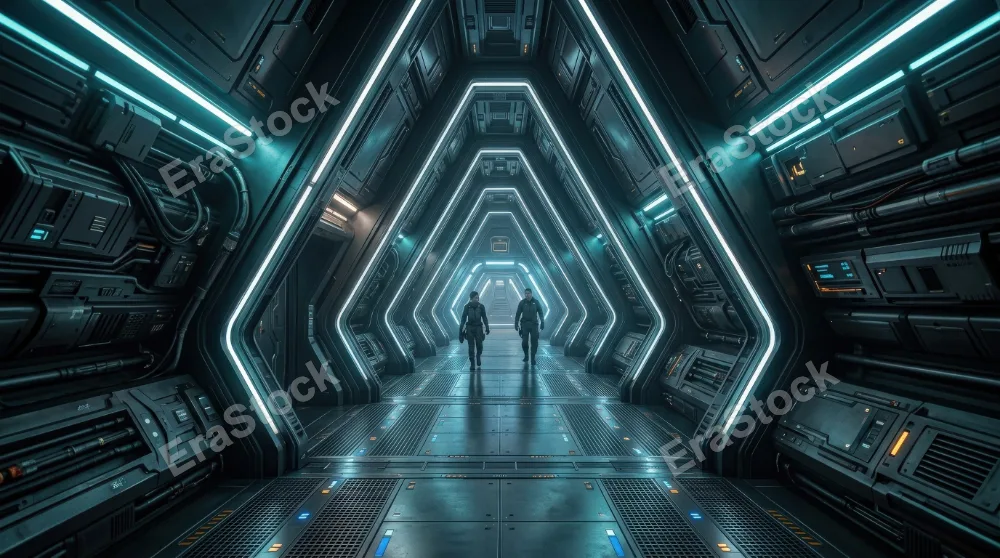 A triangular spaceship corridor with futuristic tunnel lighting, strong perspective, sleek sci-fi depth, ultra-realistic, no logos.