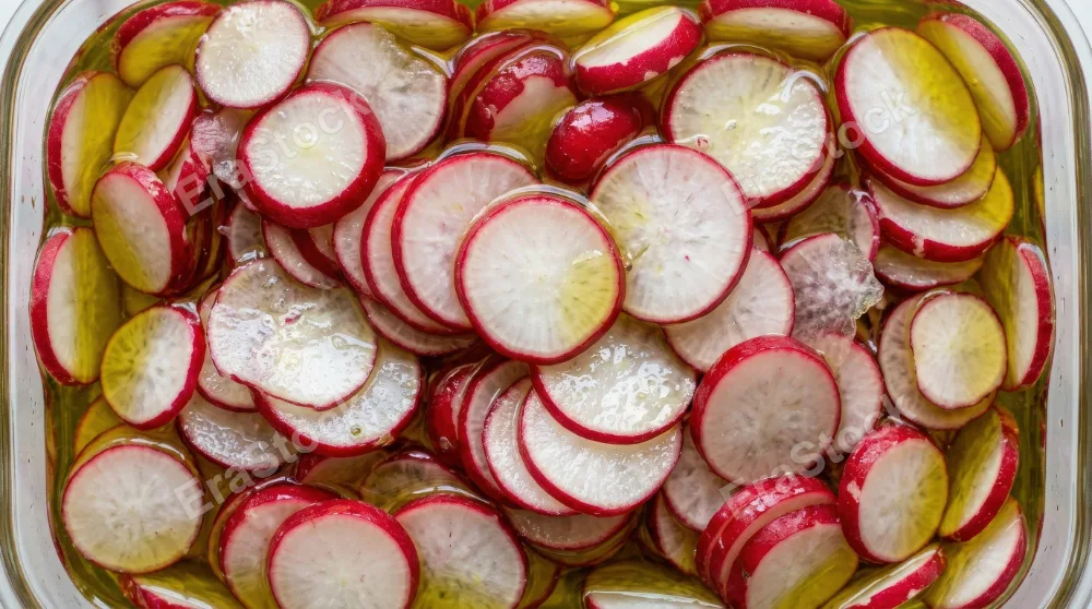Fresh sliced radishes in oil forming a vibrant natural food texture background, red and white tones, glossy organic detail for healthy culinary styling, ultra-realistic, no logos.