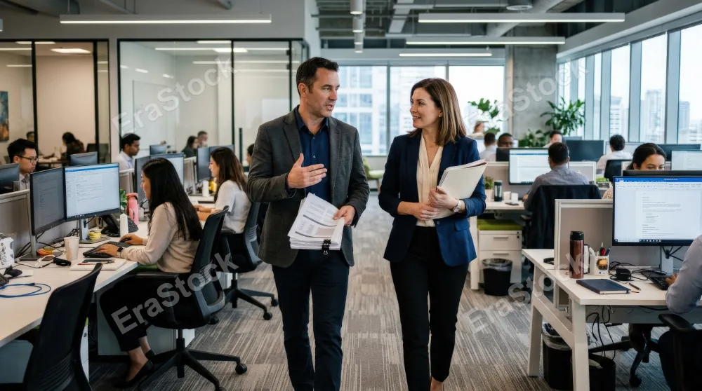 Male and female business experts talking while walking between office desks, modern workspace, documents in hand, dynamic corporate communication, ultra-realistic, no logos.