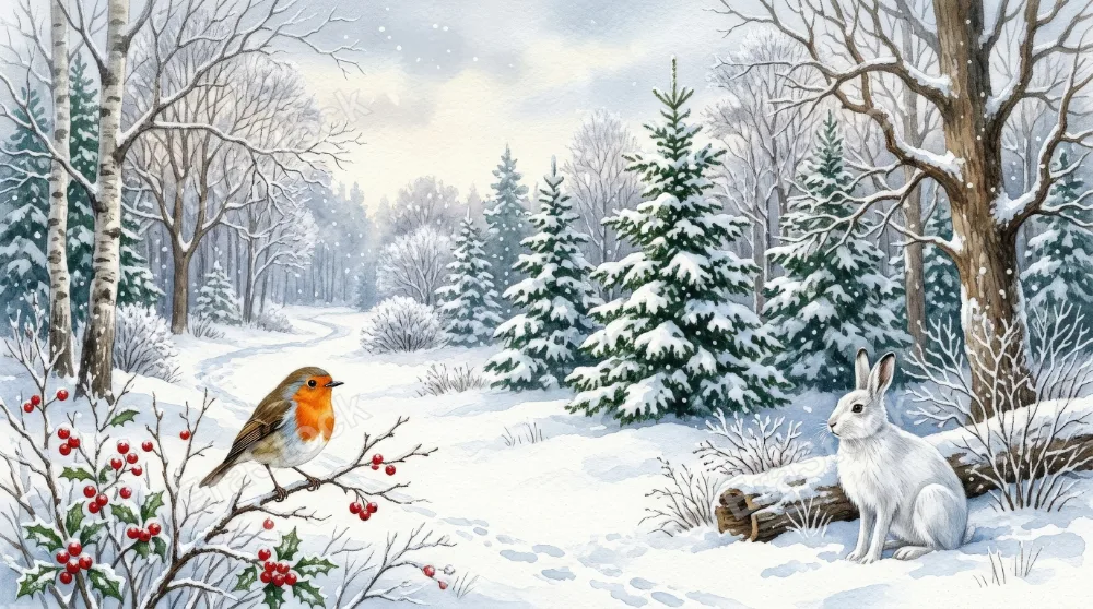 A winter watercolor set with Christmas trees, bare trees, bush, robin on branch and white hare, quiet seasonal nature, soft festive woodland charm, ultra-realistic, no logos.