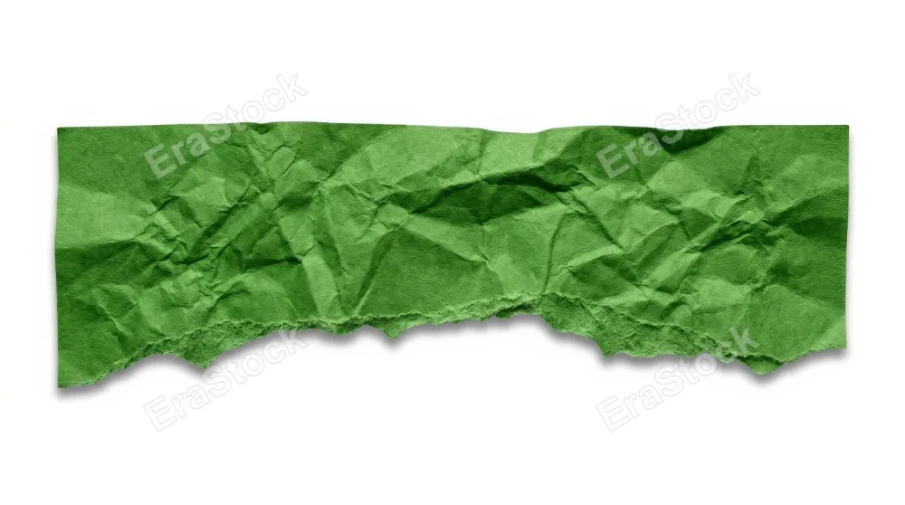 A ragged horizontal edge of vibrant green crumpled paper on a transparent background, natural creases and subtle shadows with fresh realistic texture, ultra-realistic, no logos.