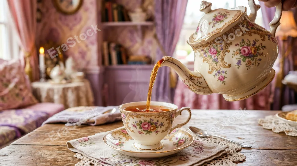 Vintage teapots pouring tea into a floral cup on a pink and purple background, flowing amber liquid, whimsical color palette and cozy cafe-inspired elegance, ultra-realistic, no logos.