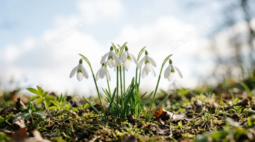 White snowdrops set against a bright sky, clean delicate blossoms with crisp spring light and graceful minimal beauty, ultra-realistic, no logos.