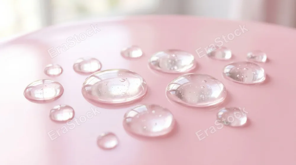 Transparent serum drops on a pink background, glossy gel texture with collagen, niacinamide and hyaluronic-inspired mood, fresh feminine skincare ambiance, ultra-realistic, no logos.