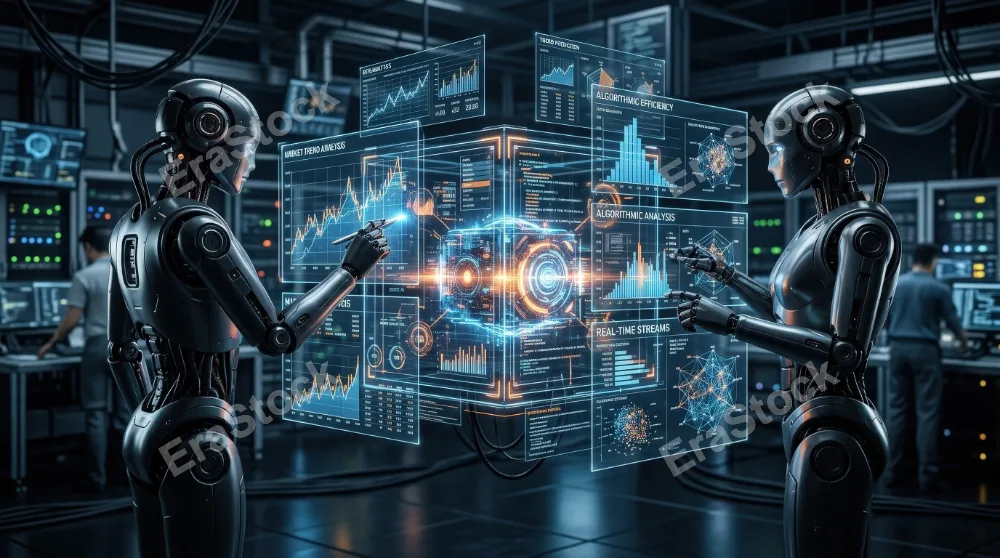 A twin robot analyst reading charts around a glowing data cube system, transparent interfaces, clean technical detail, advanced analytical atmosphere, ultra-realistic, no logos.