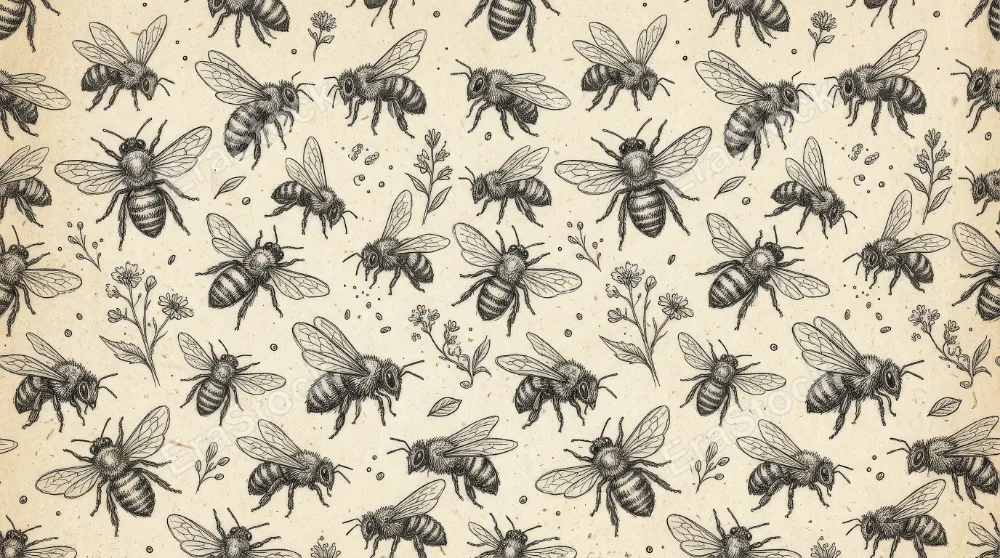 A monochrome seamless bee sketch pattern with delicate wing detail and hand-drawn texture, natural vintage mood, ultra-realistic, no logos.