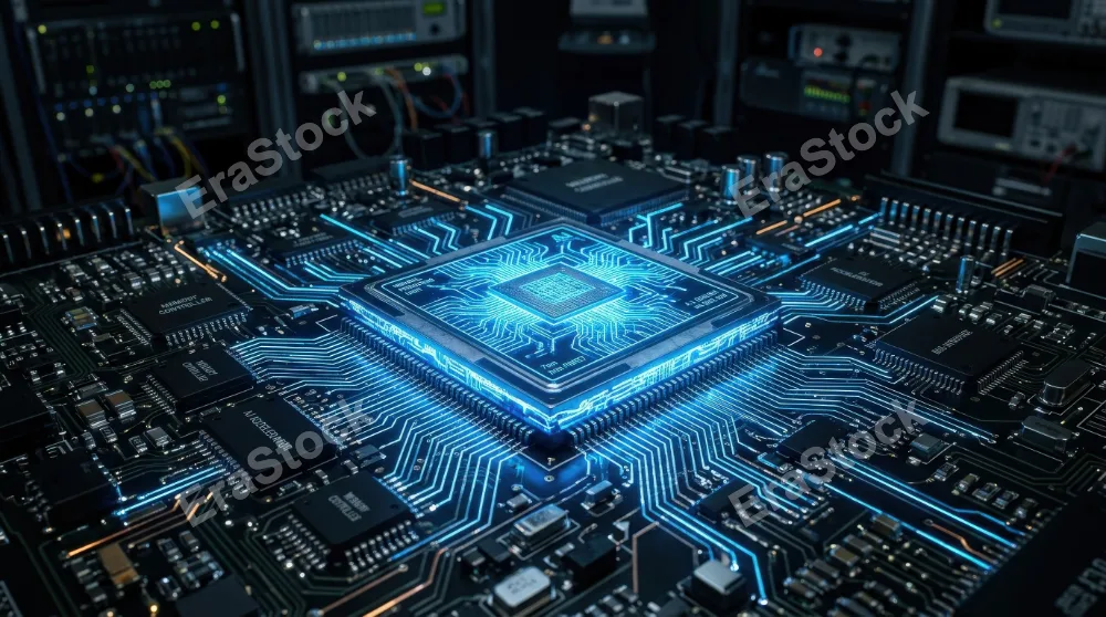 An advanced artificial intelligence processor on a circuit board with glowing connections, intricate microchips, electric blue highlights, dark technical background, atmosphere of innovation and