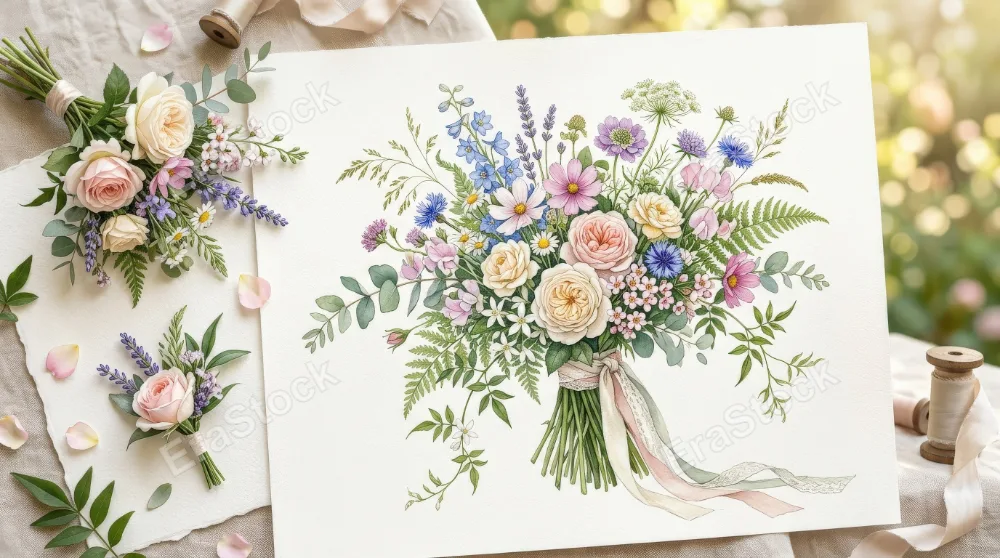 A watercolor midsummer floral bouquet collection with delicate leaves and wildflowers, fresh botanical softness and refined romantic composition, graceful wedding mood, ultra-realistic, no logos.