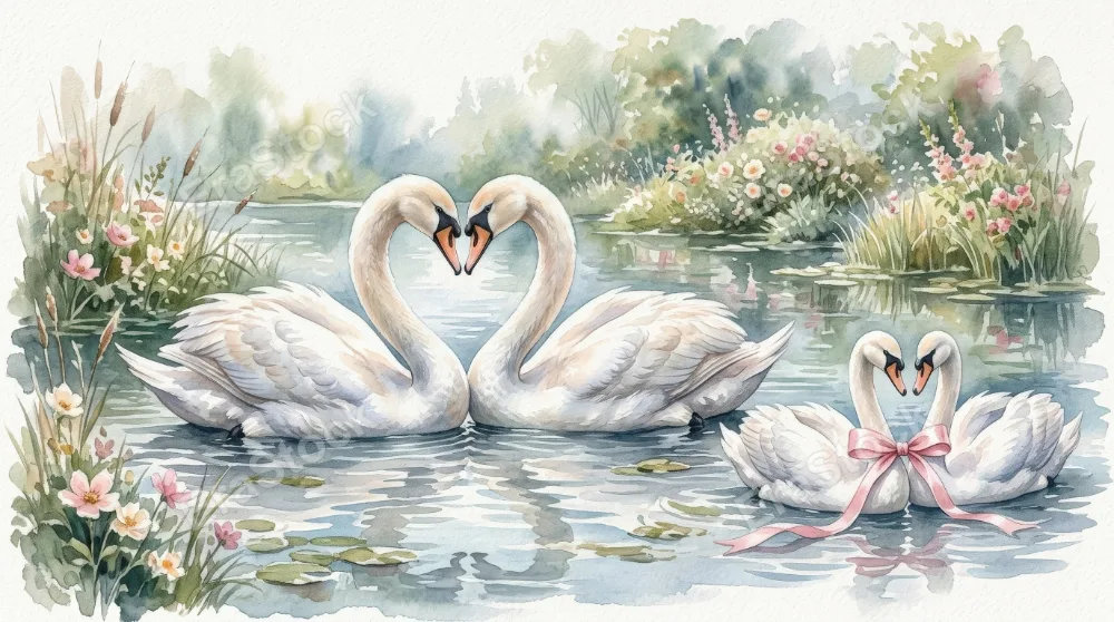 Two watercolor swans facing to form a heart and a matching pair tied with a pink ribbon, elegant soft-feathered romance with tender wedding atmosphere, ultra-realistic, no logos.