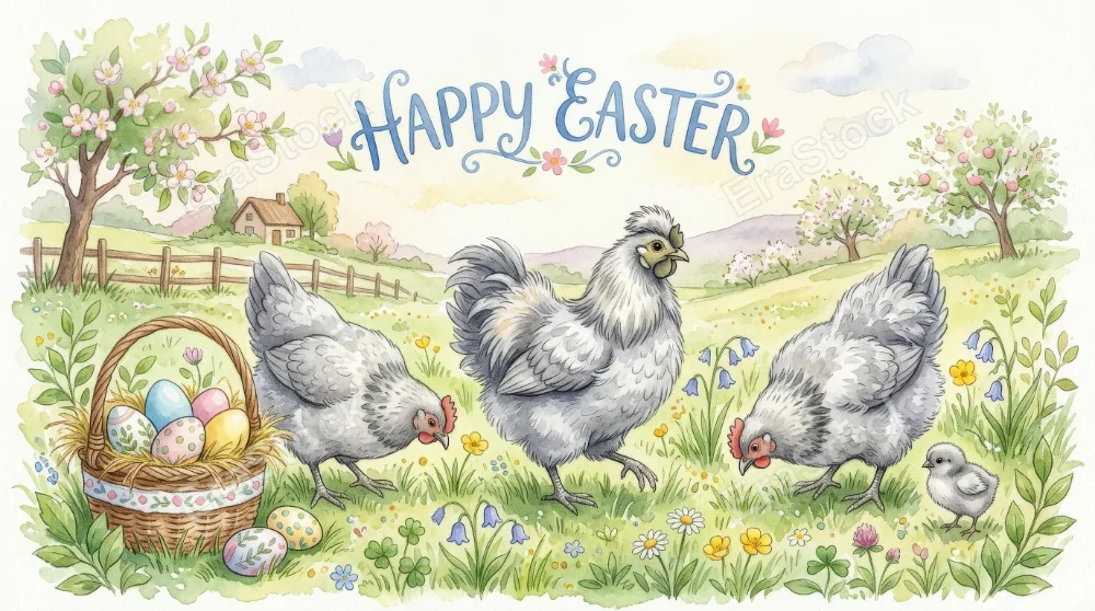 A whimsical watercolor set of cute grey chickens, fluffy feathers and gentle spring details with soft grassy accents, cheerful Easter greeting atmosphere, ultra-realistic, no logos.