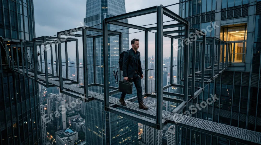 A man standing on a bridge of floating rectangular frames connecting tall structures, open void below, crisp geometry, feeling of professional risk and strategic transition, ultra-realistic, no logos.