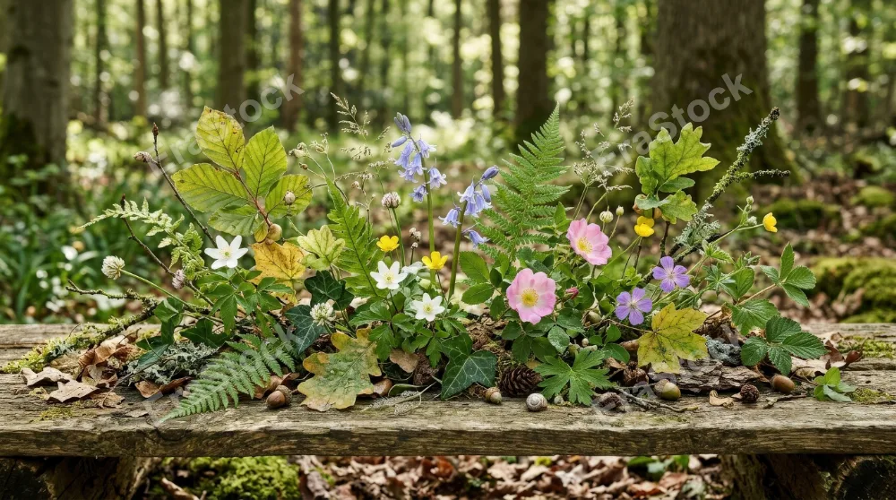 A horizontal arrangement of forest leaves and flowers with airy botanical detail, woodland freshness and calm natural rhythm, ultra-realistic, no logos.