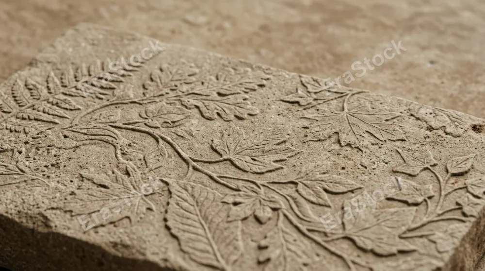 Stone texture with a subtle leaf pattern, natural botanical relief and organic mineral softness, calm earthy background, ultra-realistic, no logos.