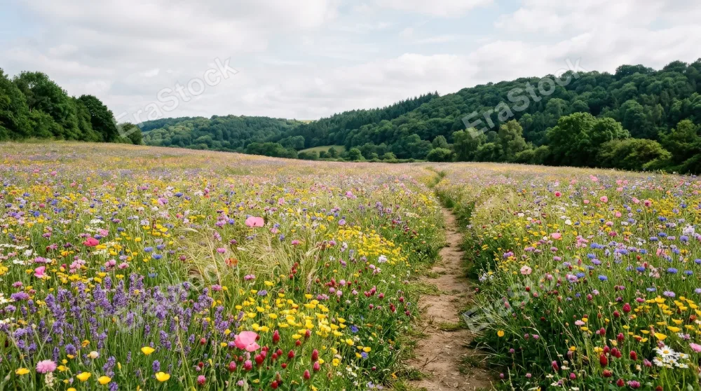 A summer flower field stretching toward forested hills, colorful blossoms under soft daylight, peaceful natural beauty, ultra-realistic, no logos.