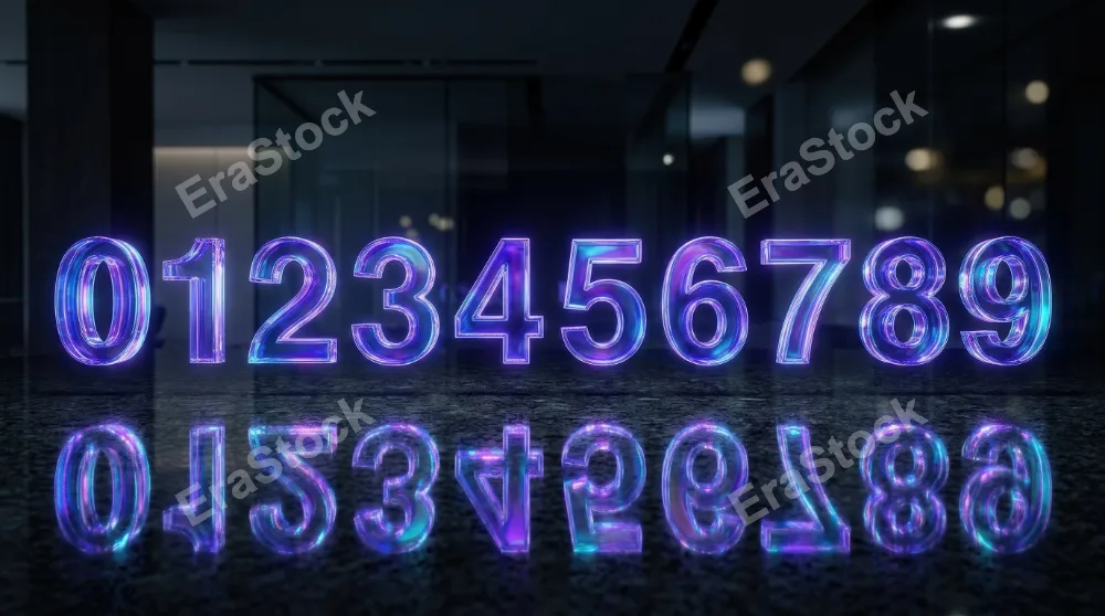 A holographic number set from 0 to 9 in iridescent purple-blue glass with realistic reflections and shadows, ultra-realistic, no logos.
