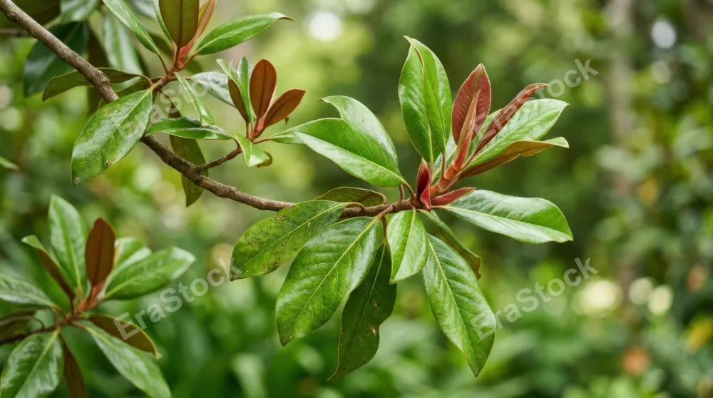 A graceful branch of vibrant green magnolia leaves with reddish new growth, fresh botanical detail, soft natural light, ultra-realistic, no logos.