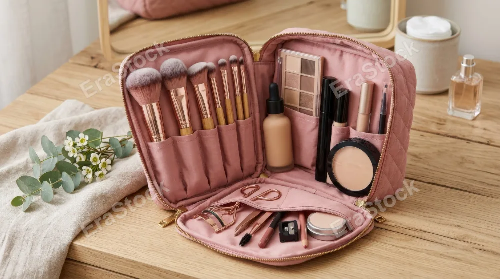 A pink makeup bag with cosmetic tools neatly organized inside and in a front pocket, soft materials, tidy arrangement, and fresh beauty product styling, ultra-realistic, no logos.