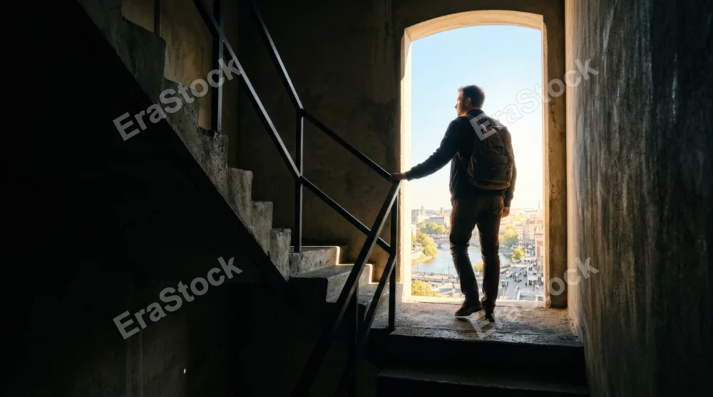 A man at the top of a dark staircase facing a bright exit, deep shadows, stark architectural lines, radiant opening and a hopeful atmosphere of opportunity, transition, and success, ultra-realistic,