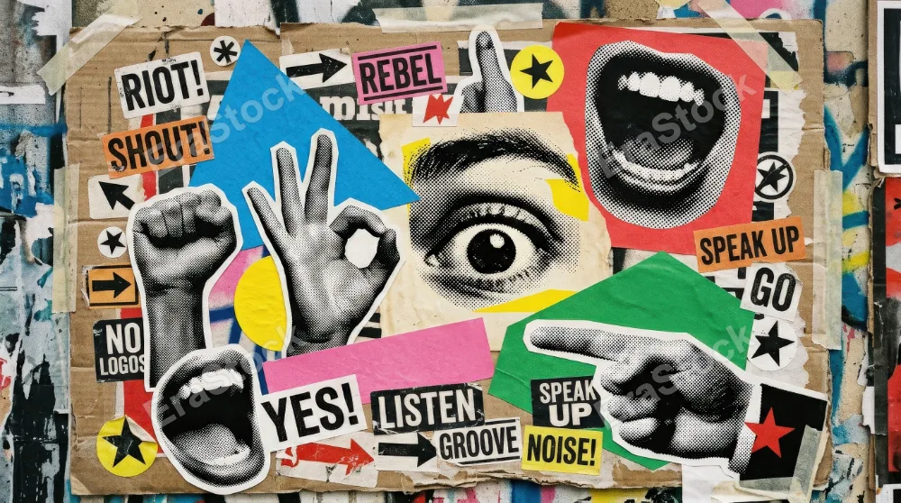 A bold collage set of halftone hand gestures mouths and a single eye, bright geometric shapes, expressive sticker composition, playful retro pop-grunge atmosphere, ultra-realistic, no logos.