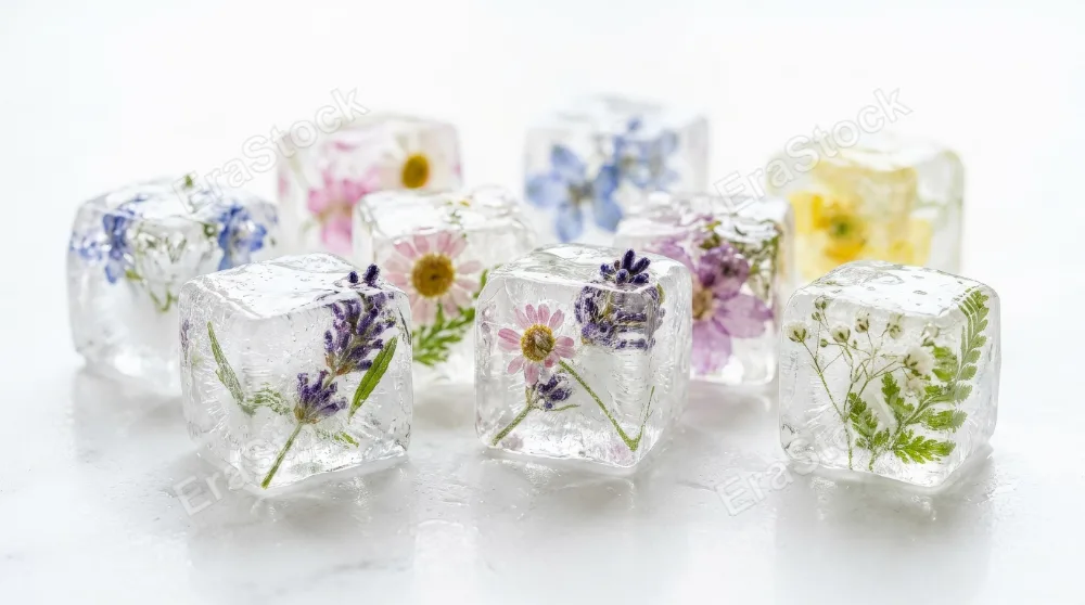 Ice cubes with frozen flowers suspended inside on a white background, translucent crystalline texture and delicate botanical forms, fresh ethereal atmosphere, ultra-realistic, no logos.