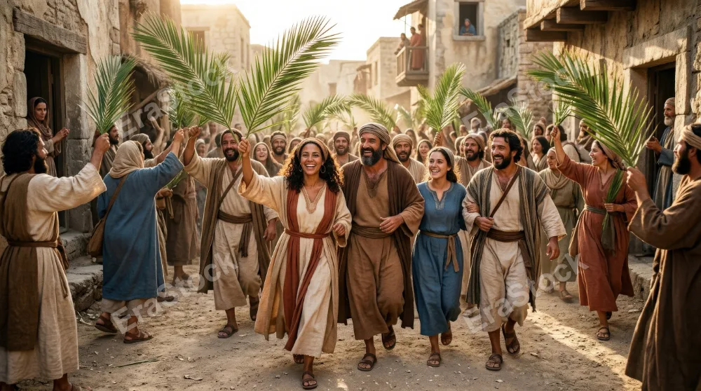 A group of happy men and women holding palm branches along a dusty street, sunlit robes, warm smiles and a festive holy-day atmosphere, ultra-realistic, no logos.