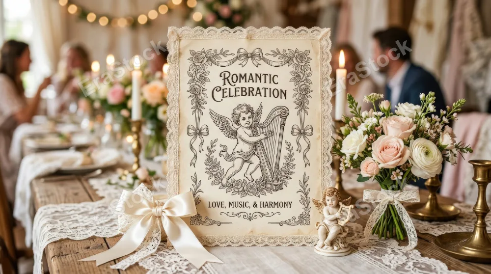 Cute decorative elements with bows, ribbons, lace, harp-playing cupid, and flowers, vintage line art and a soft romantic celebration atmosphere, ultra-realistic, no logos.