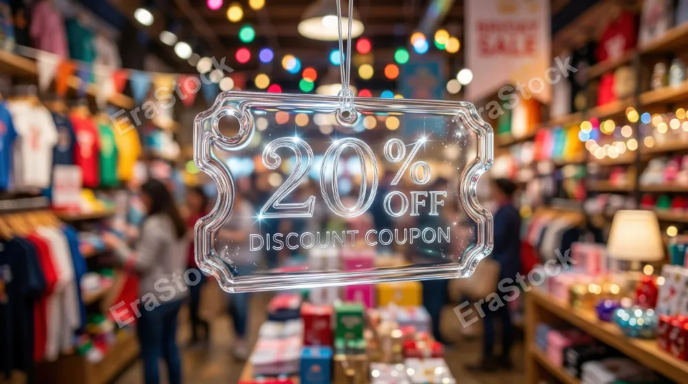 A liquid-glass discount coupon ticket icon with percentage detail, polished transparency and a vibrant retail-promotion atmosphere, ultra-realistic, no logos.