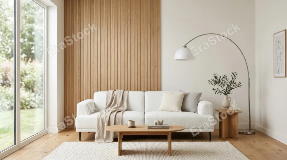 A minimalist living room with a white modern sofa, wooden wall accents and an arc floor lamp, airy copy space and calm Scandinavian mood, ultra-realistic, no logos.