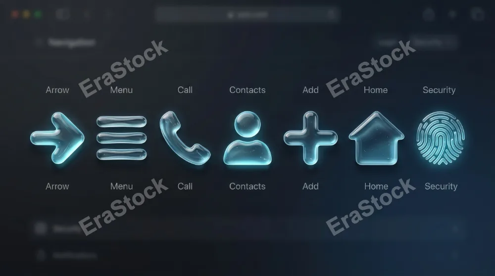 A liquid-glass icon collection with arrow, menu, call, contact, plus, home, and fingerprint symbols, crisp translucent styling, clean app navigation mood, ultra-realistic, no logos.